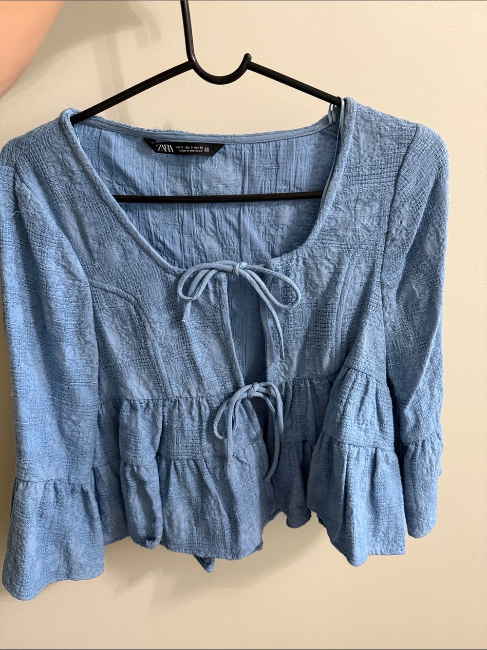 Zara Powder Blue Tie-Front Peasant Top